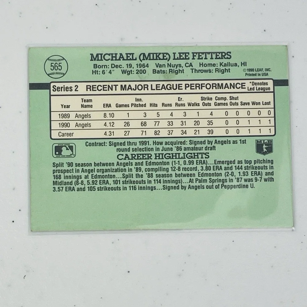 1991 Donruss Baseball Card Mike Fetters Los Angeles Angels 565 Trading Card